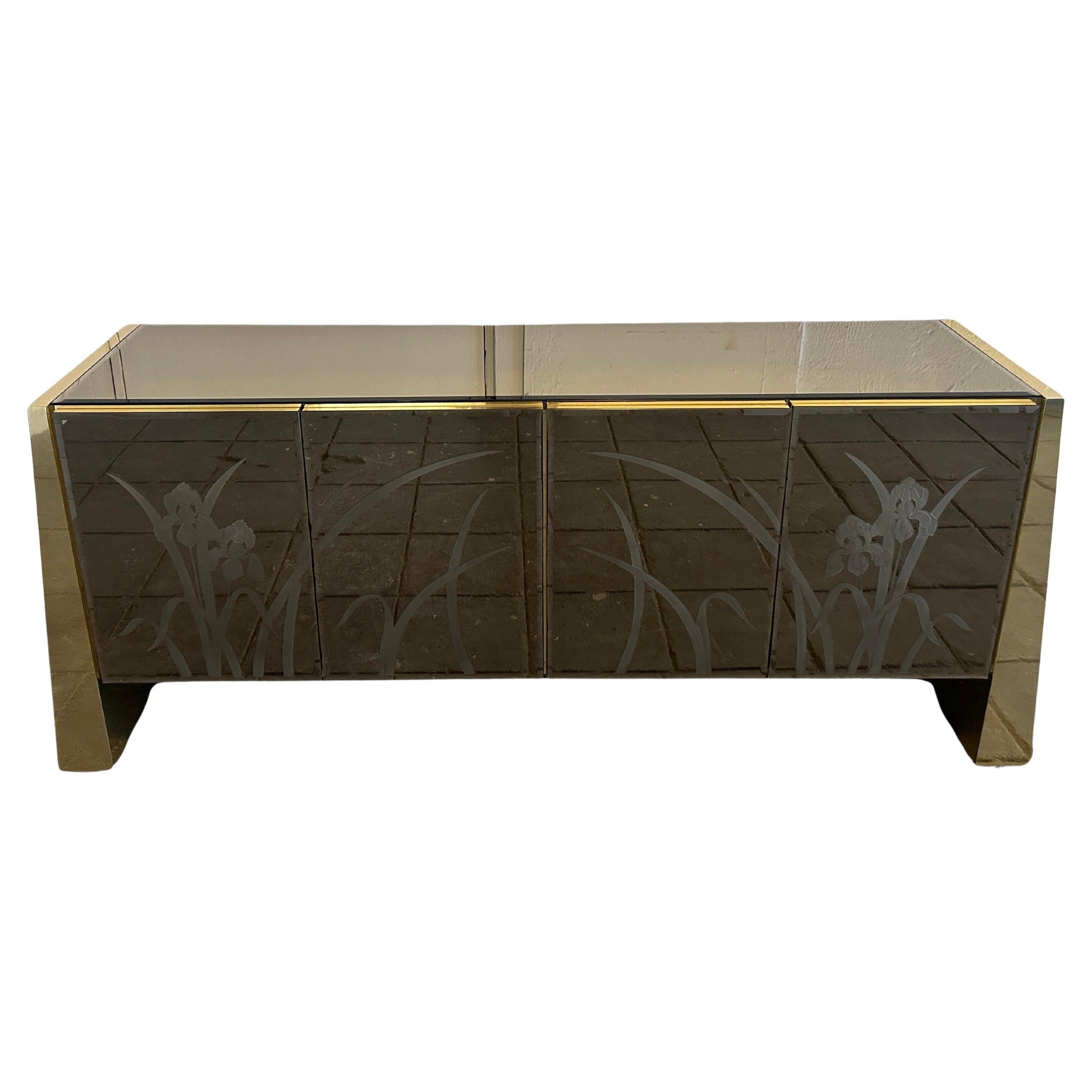 Post Modern Floral smoked mirror glass 4 door credenza with mirror brass