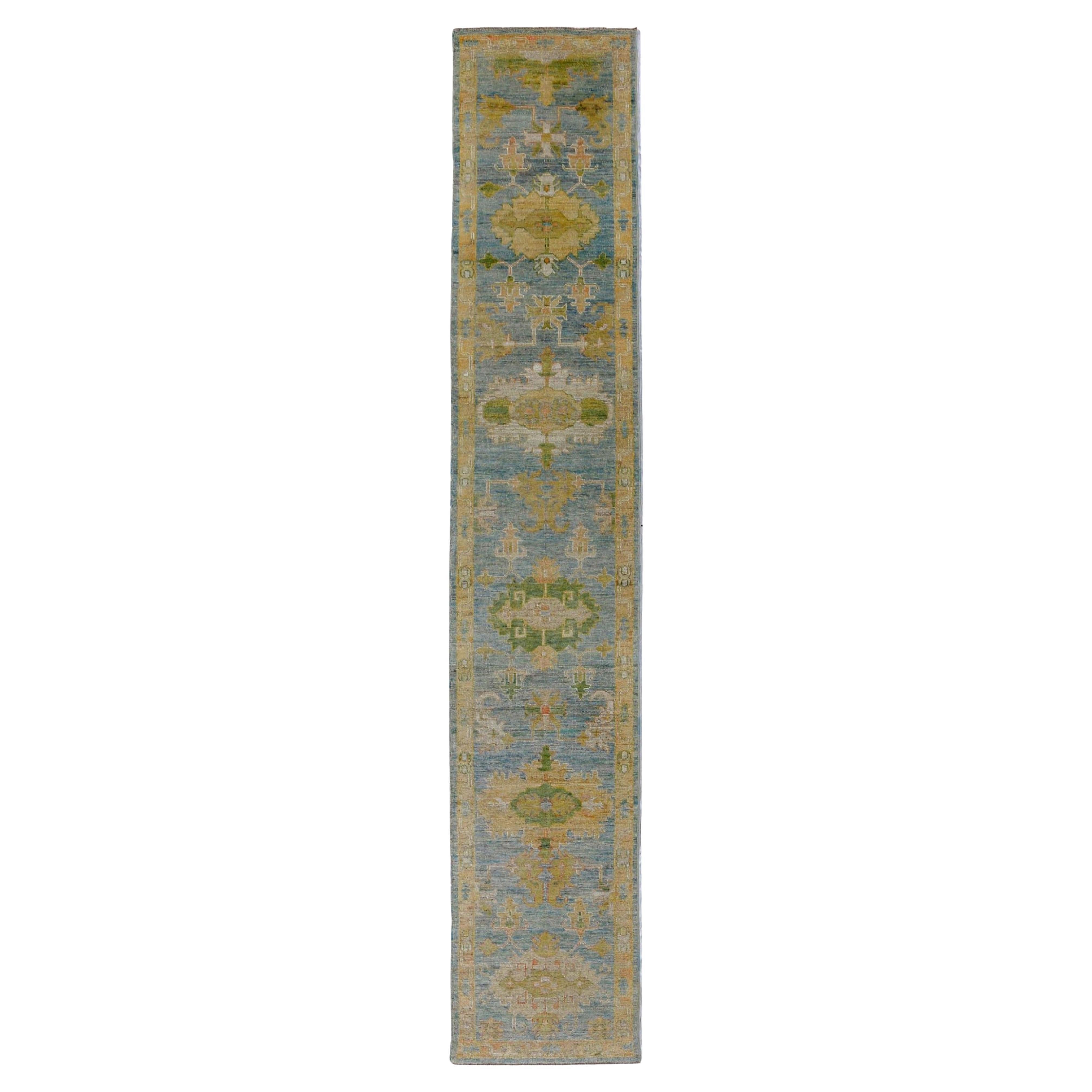 Turkey  Rose Collection Runner Rug - Wool Blue Green - 90879 For Sale