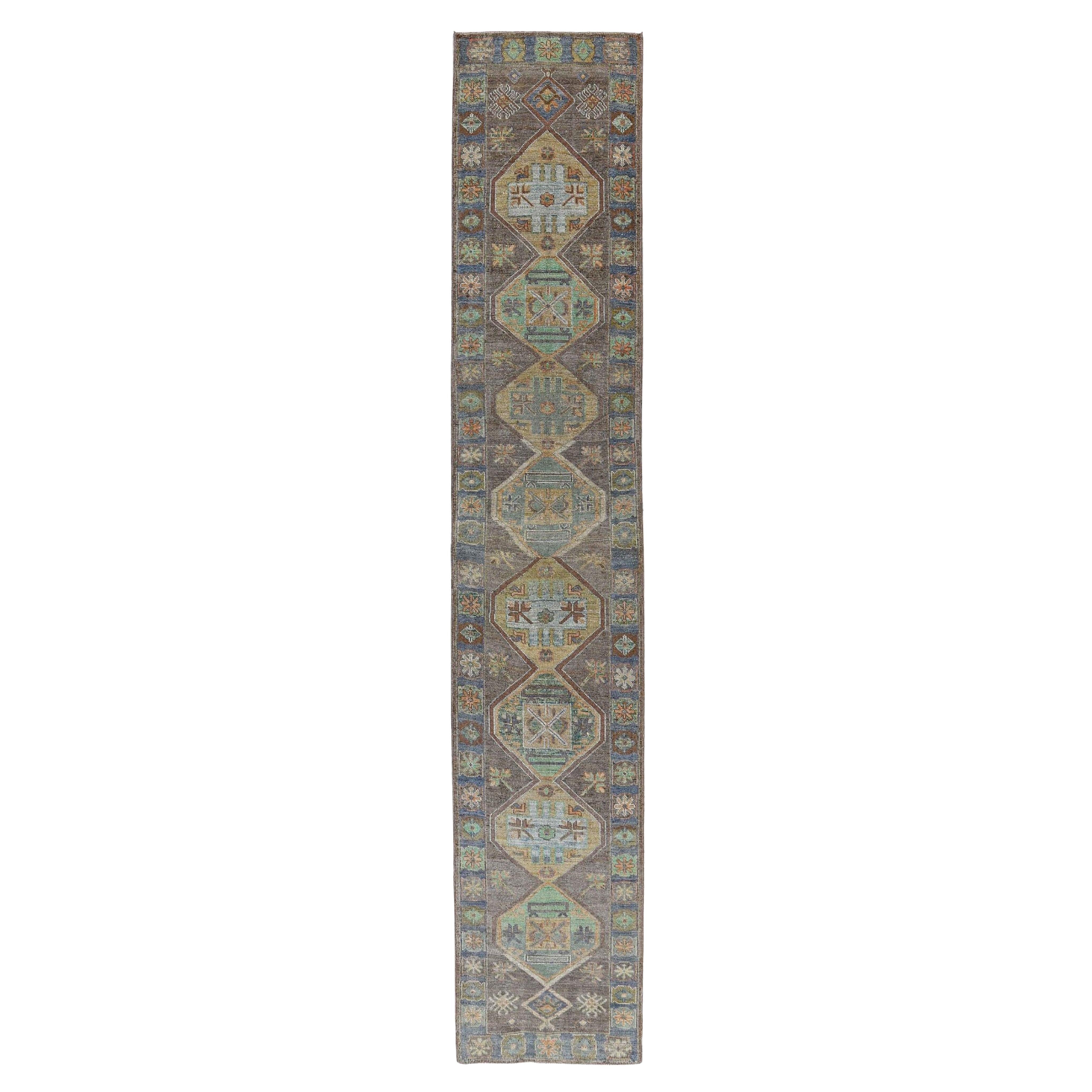 Turkey  Rose Collection Runner Rug - Wool Blue Brown - 90892