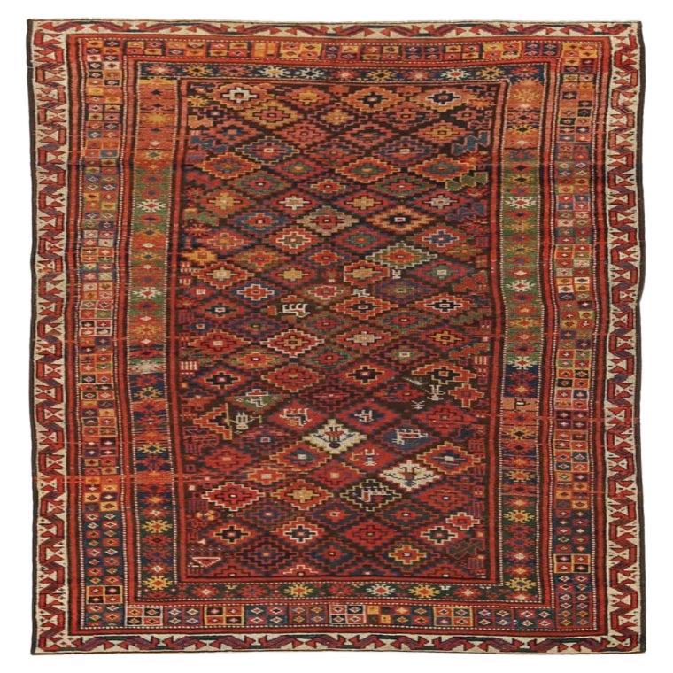 Russian Kazak Small Rug - Wool Brown Green Red Yellow Design - 92325 For Sale