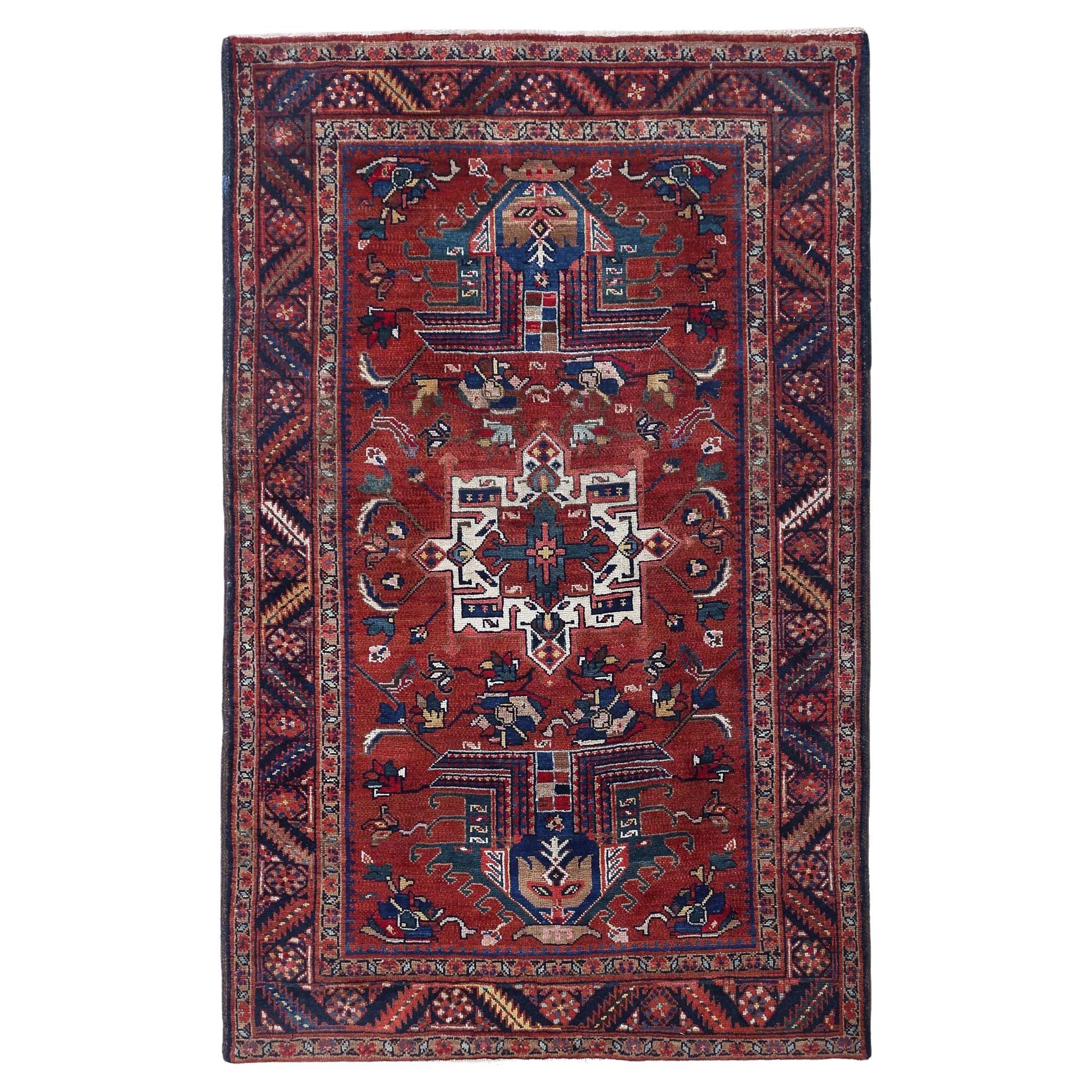Petit tapis persan Heriz - Motif rouge en laine - 96900 en vente