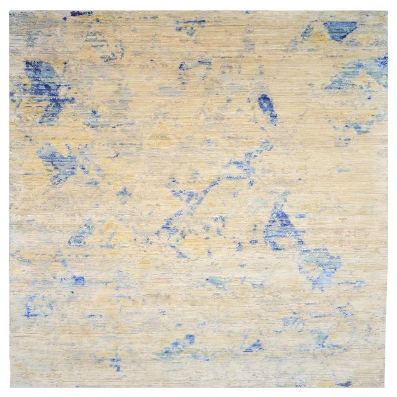 Tapis de laine bleu ivoire jaune motif indien 93274 en vente