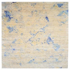 Tapis de laine bleu ivoire jaune motif indien 93274