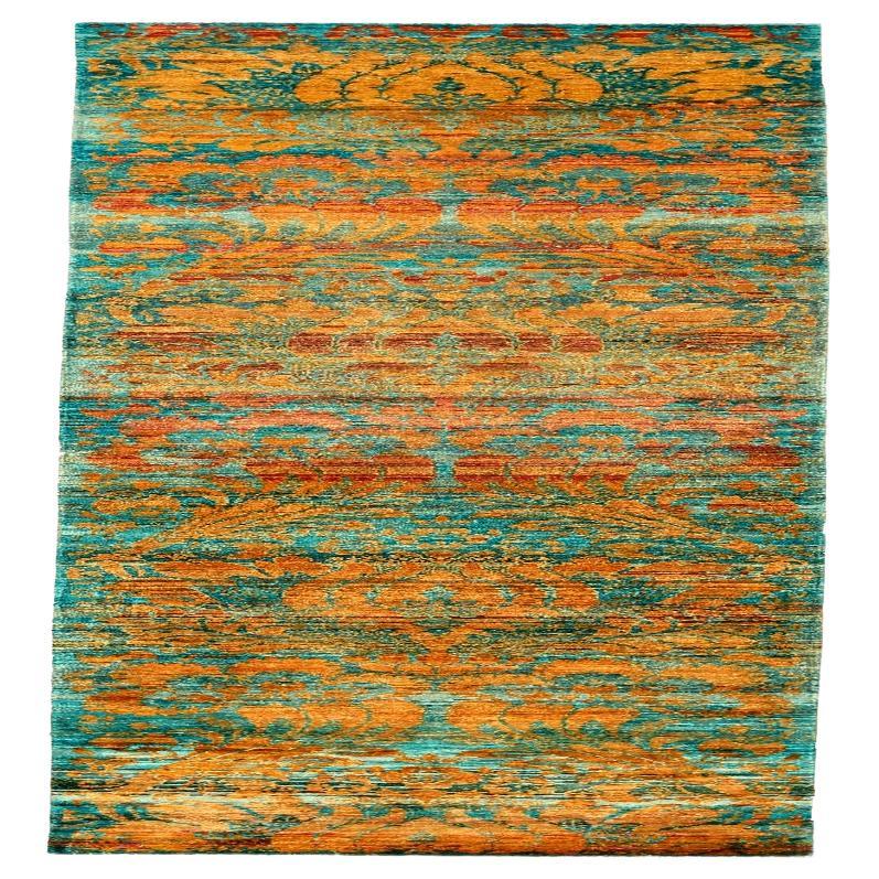 Tappeto Runner in seta Sari dell'India - Disegno in lana blu arancione giallo - 94215