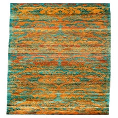 Tappeto Runner in seta Sari dell'India - Disegno in lana blu arancione giallo - 94215
