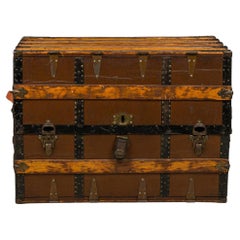 19th Century American Victorian Steamer Trunk with Leather & Brass