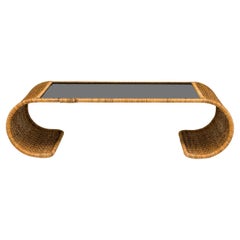 Mid-Century American Cocktail Table with Smoked Glass & Wicker