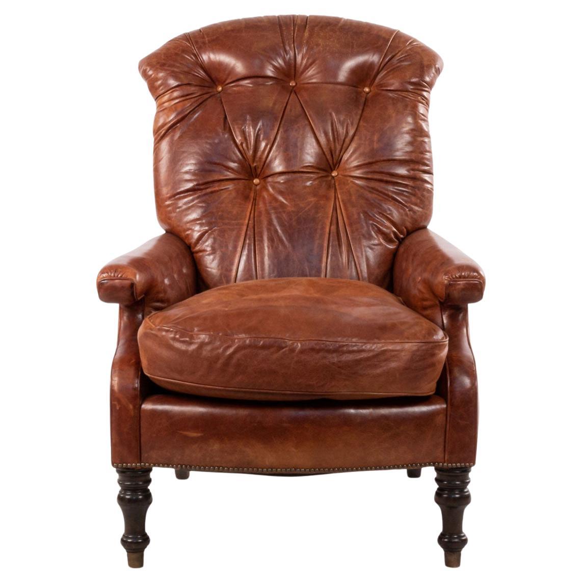 19th Century English Victorian Leather Easy Chair, Chestnut Brown