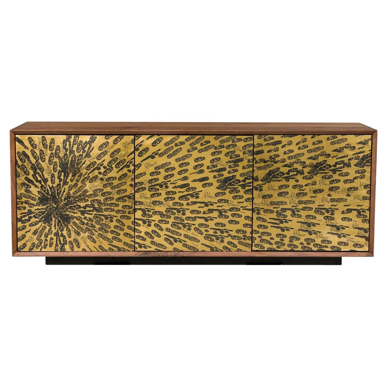 Modern Walnut Credenza with Etched Brass Doors, Made in USA For Sale