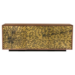 Modern Walnut Credenza with Etched Brass Doors, Made in USA