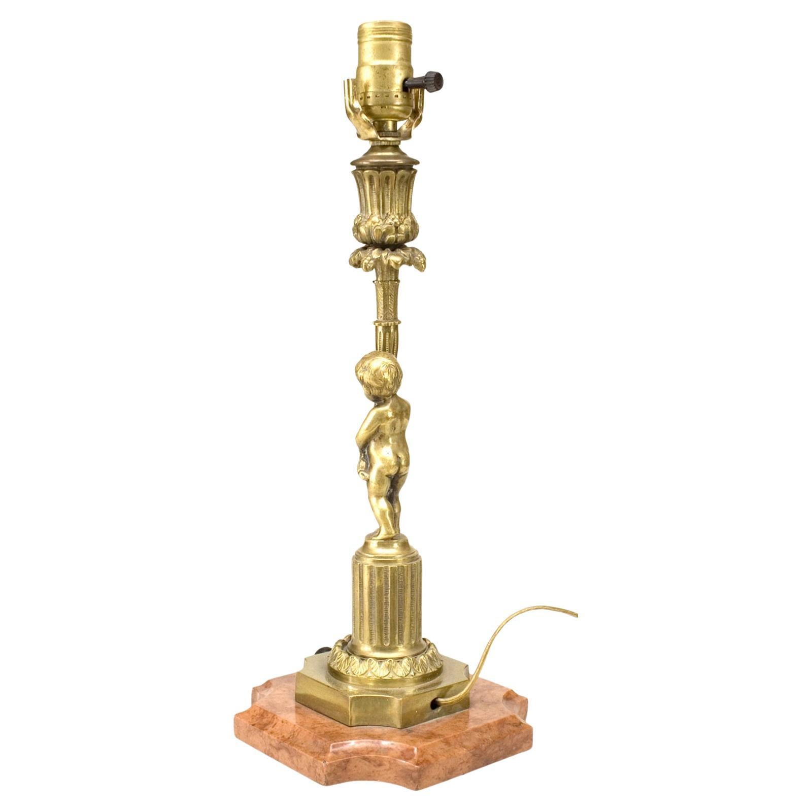 19th Century French Victorian Brass Cherub Table Lamp with Marble Base