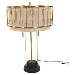 Contemporary Brass Table Lamp with Beige Shade, Geometric Design