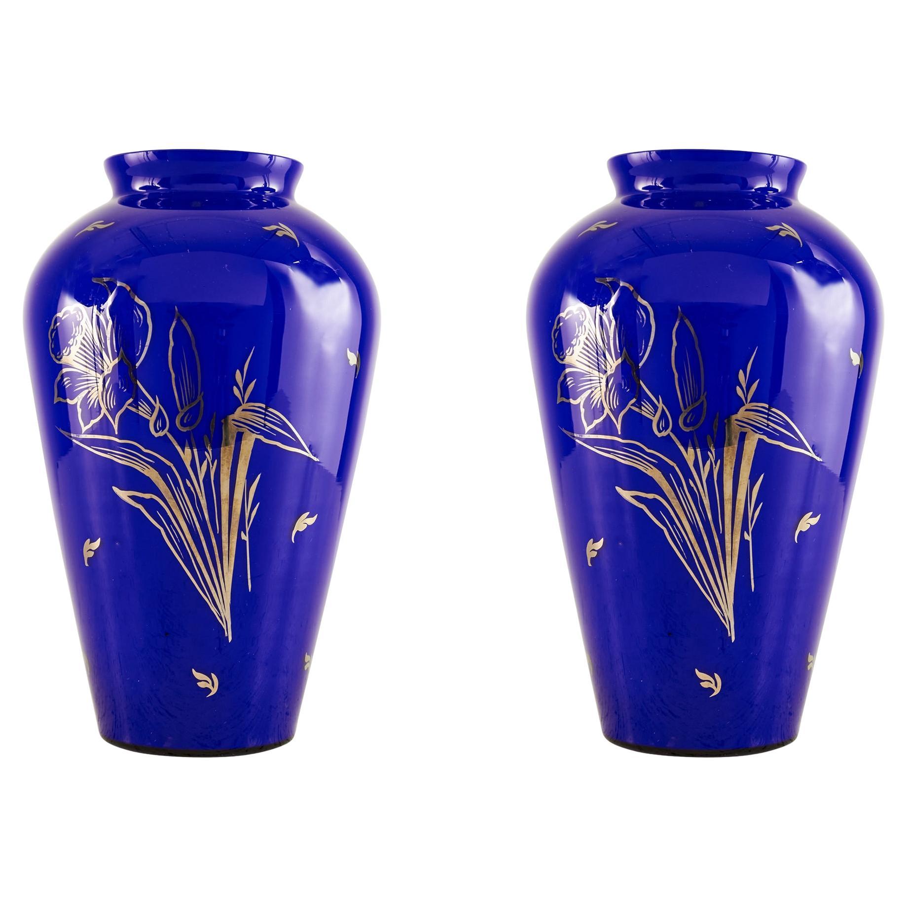 Pair of French Victorian Blue Glass Vases