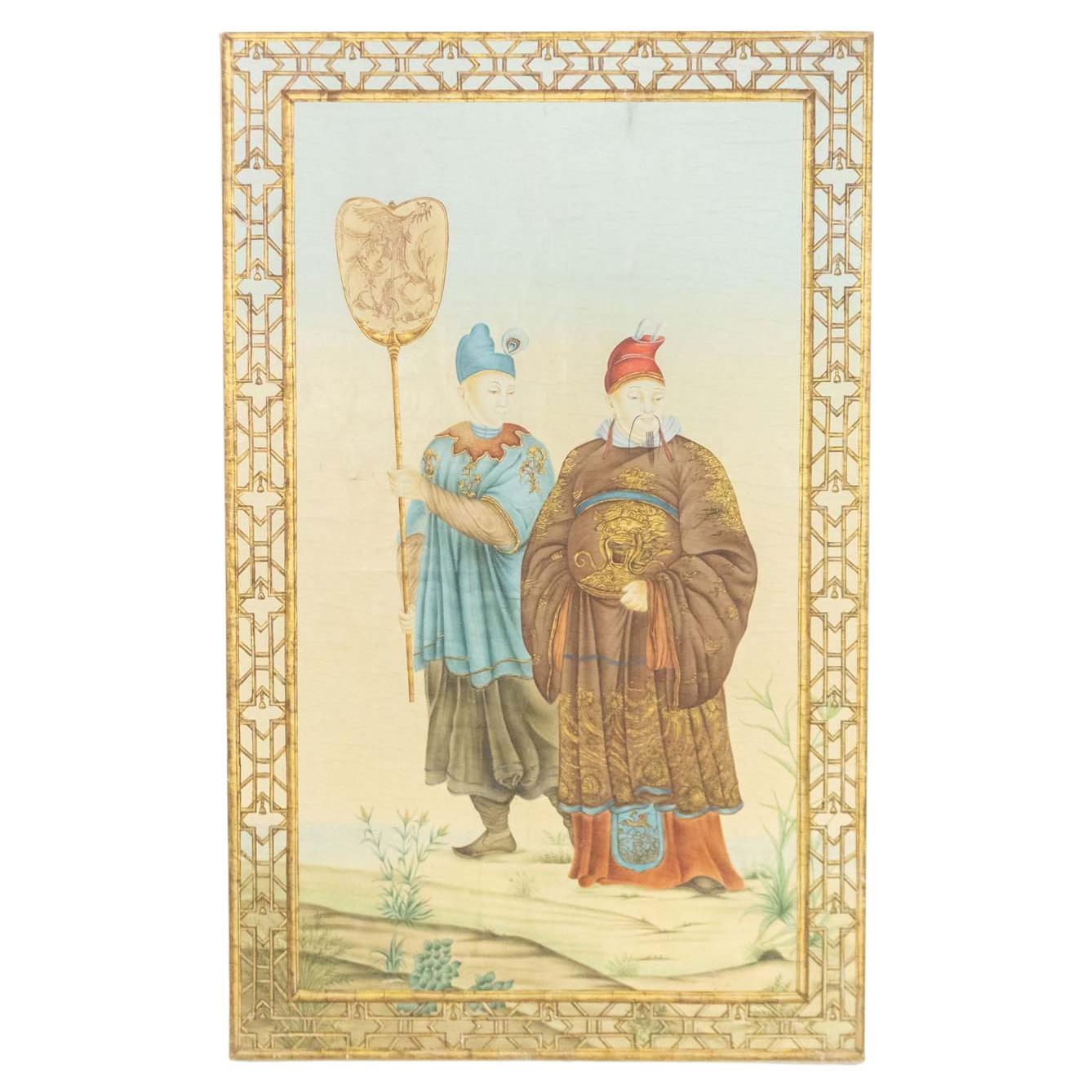 Portrait encadré représentant une scène de chinoiserie chinoise du XXe siècle, huile sur toile