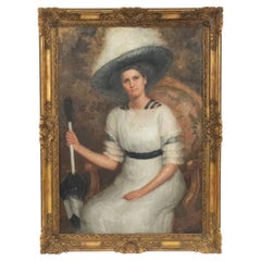 Retrato victoriano de una dama vestida de blanco, óleo sobre lienzo, principios del siglo XX
