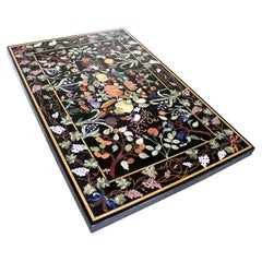 Black Marble Coffee Table Top, Floral Stone Inlay