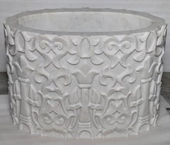 Marble Oval Table Base, Hand-Carved Lotus Relief
