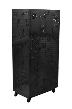 Antiqued White Bronze Storage Cabinet, Floral Relief Panels