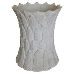 White Marble Side Table with Palm Leaf Carving