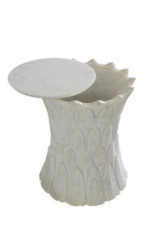 White Marble Side Table with Palm Leaf Carving