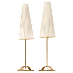 Pair of Mid-Century Table Lamps in Ribbed Brass with Pleated Shades, 1950s