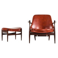 Sillón y taburete «Elizabeth» en palisandro y cuero, de Ib Kofod-Larsen, 1956
