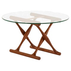 Table basse Guldhøj en teck, verre et cuir, conçue par Poul Hundevad, années 1950