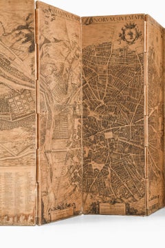 Paravent moderne scandinave orné d'une carte ancienne de Madrid, années 1940