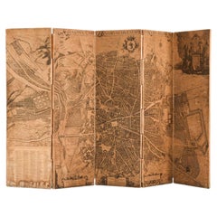 Paravent moderne scandinave orné d'une carte ancienne de Madrid, années 1940