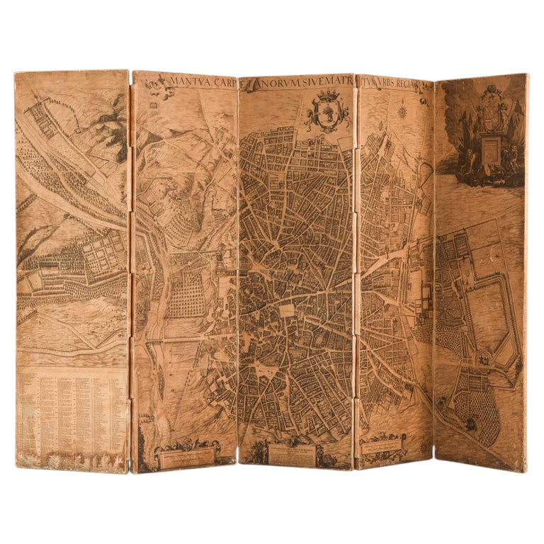 1stDibs Scandinavian Modern Folding Screen with Antique Map of Madrid, 1940s
