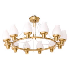 Swedish Modern Ceiling Lamp in Brass and Opaline Glass by Hans Bergström , 1940s