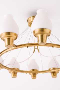Swedish Modern Ceiling Lamp in Brass and Opaline Glass by Hans Bergström , 1940s