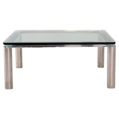 Table basse Brueton des années 1970, en acier inoxydable poli et verre, 40 x 40 x 17 pouces