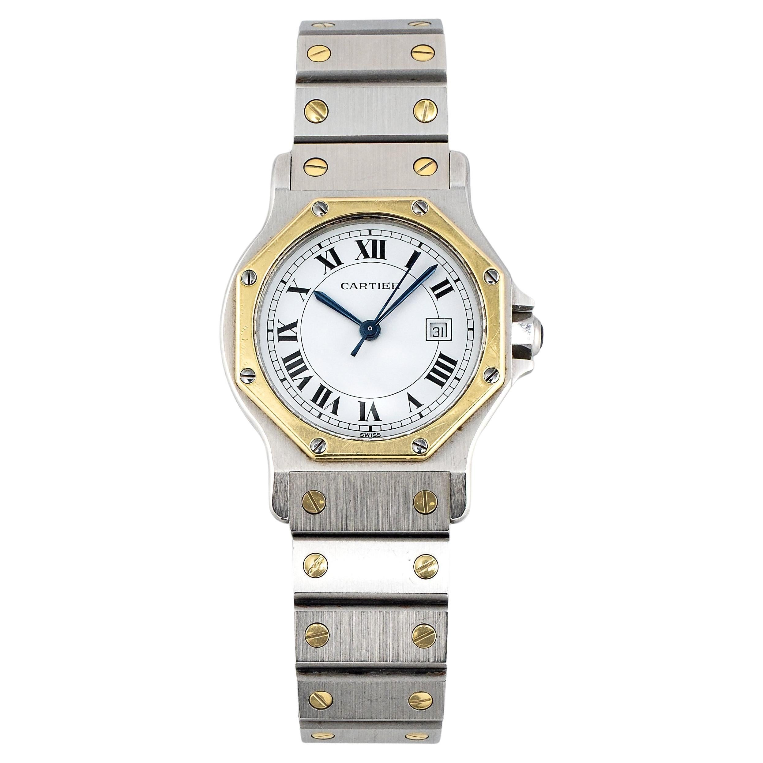 Montre Cartier Santos Octagon 2966 à cadran romain blanc en acier et or jaune 18 carats