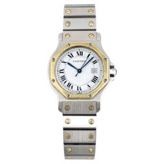 Montre Cartier Santos Octagon 2966 à cadran romain blanc en acier et or jaune 18 carats