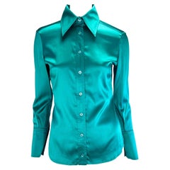 F/W 2003 Gucci by Tom Ford Teal Satin Silk Blend Button Up Stretch Blouse
