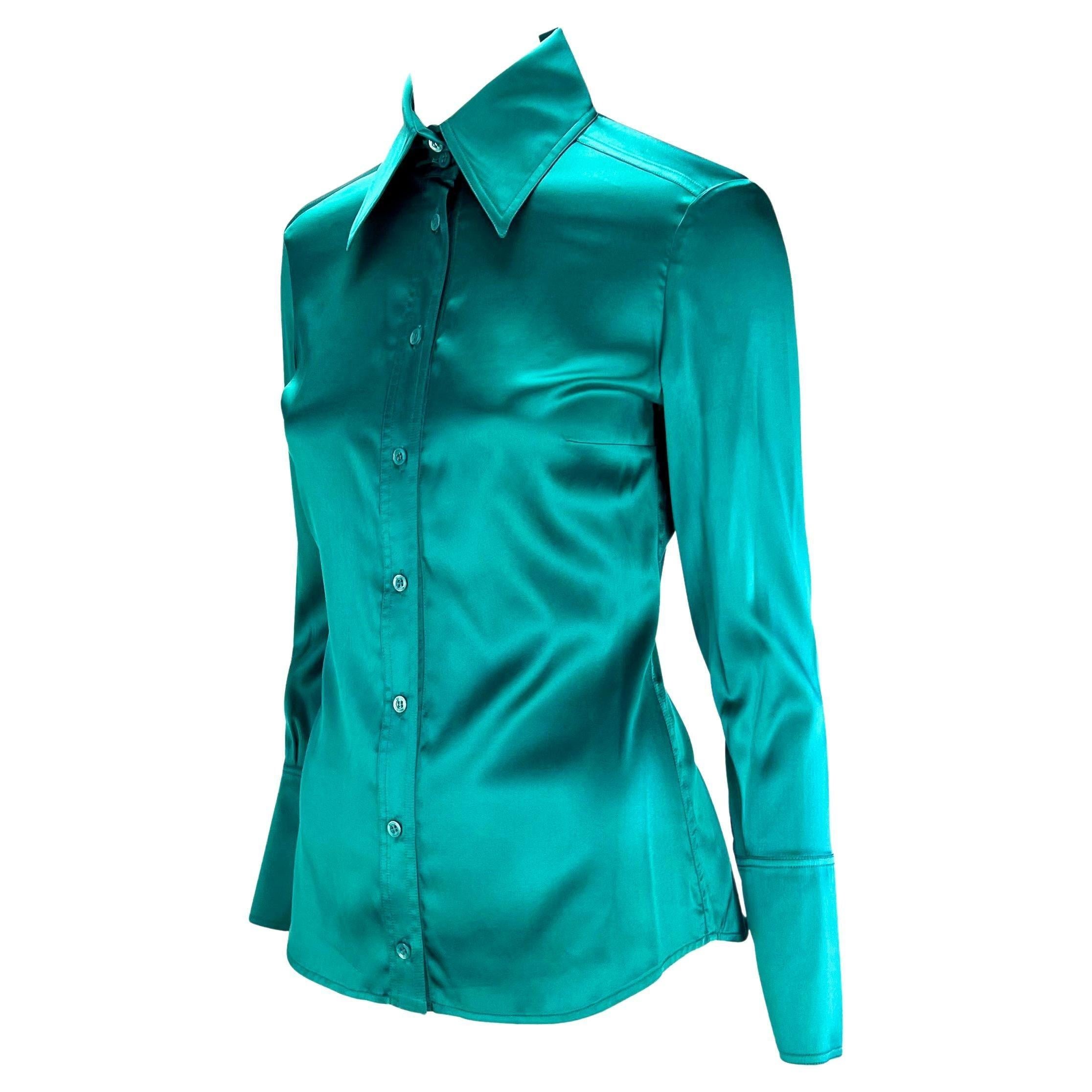 F/W 2003 Gucci by Tom Ford Teal Satin Silk Blend Button Up Stretch