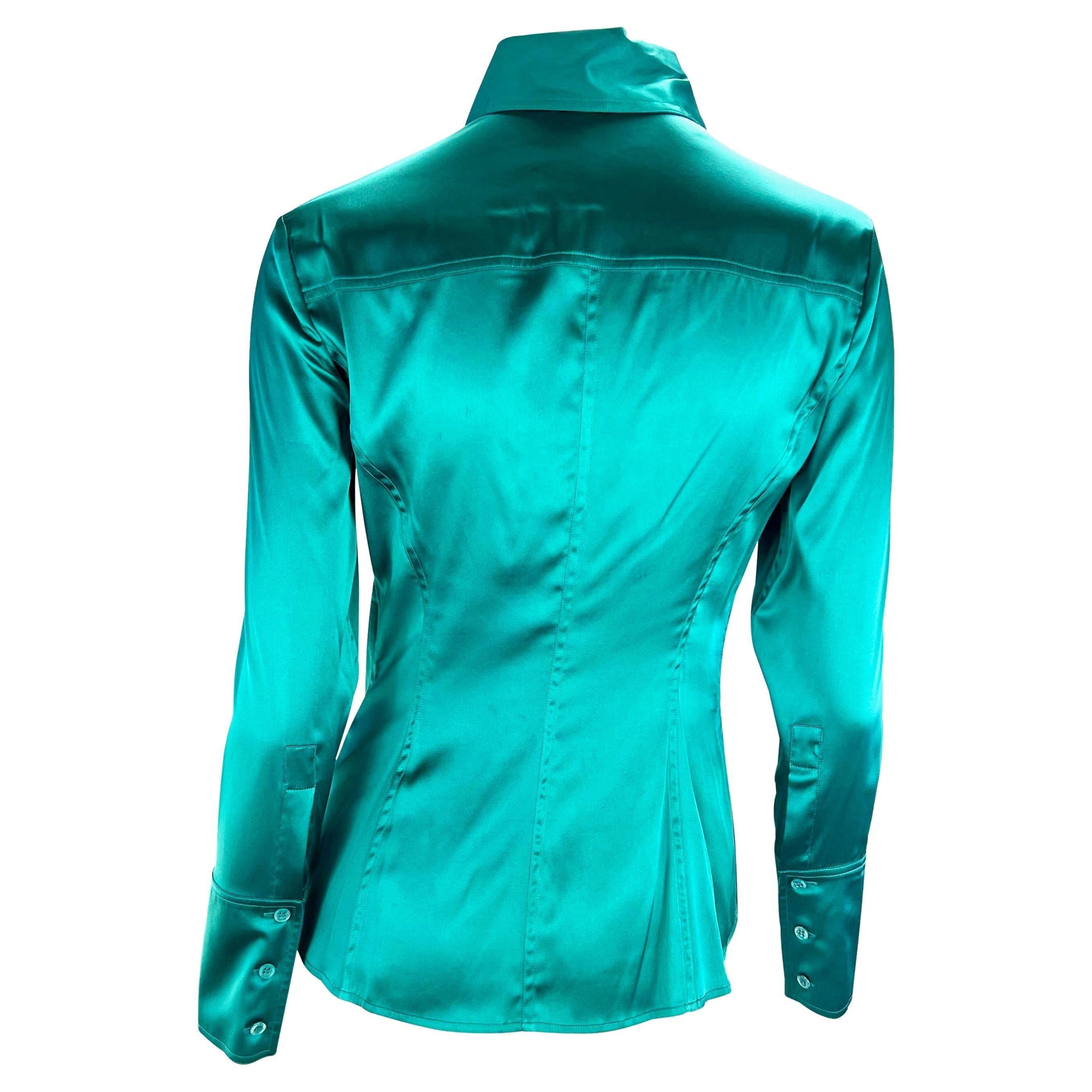 F/W 2003 Gucci by Tom Ford Teal Satin Silk Blend Button Up Stretch