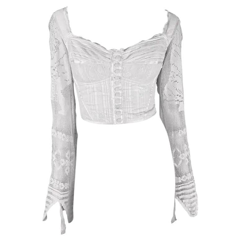 S/S 1994 Dolce & Gabbana Weißes, gehäkeltes Bustier-Crop-Top mit Quasten und Stäbchen IT44