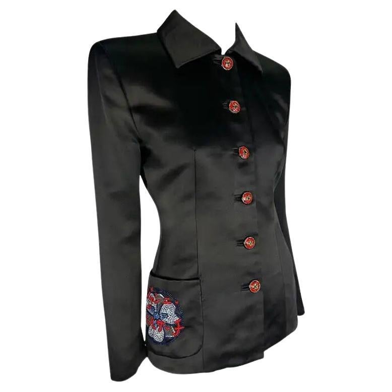 F/W 1997 Atelier Versace Haute Couture Rhinestone Logo Beaded Satin Poppy Jacket