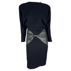 1980s Gianni Versace Stretch Knit Embossed Leather Hip Tie Black Wool Dress