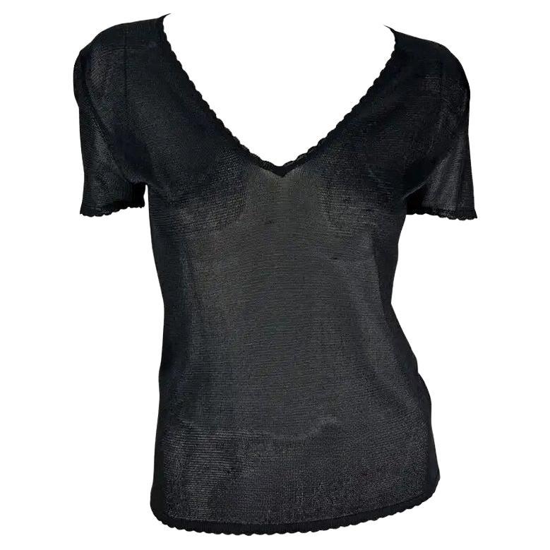 Pre-owned Versace S/s 1997 Gianni  Scallop Knit Sheer Viscose V-neck Black Sweater Top