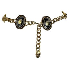 F/W 1991 Gianni Versace Gold Tone Metal Black Rhinestone Roman Motif Chain Belt
