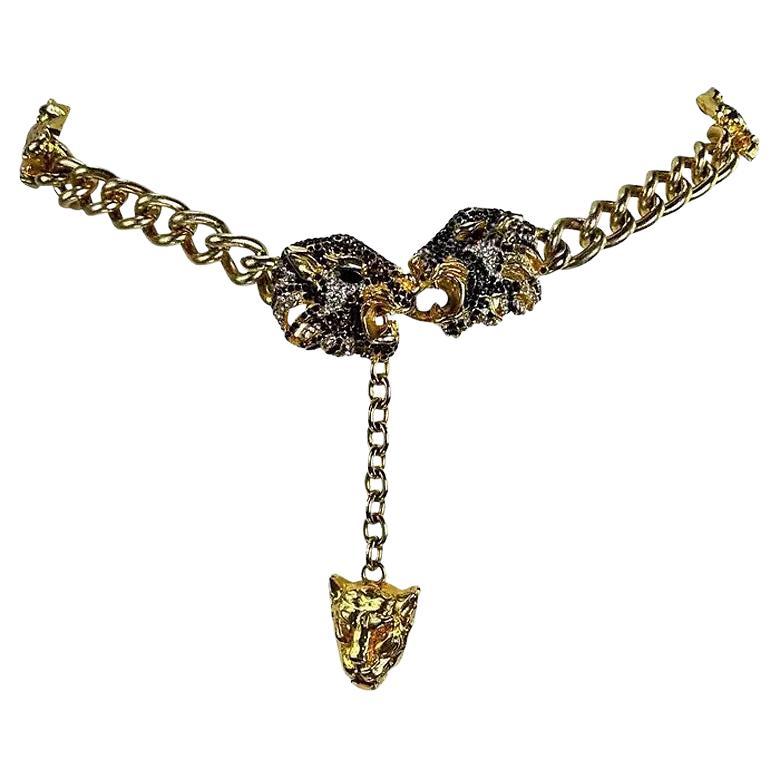 F/W 1992 Gianni Versace Gold Tone Metal Rhinestone Jaguar Motif Chain Belt For Sale