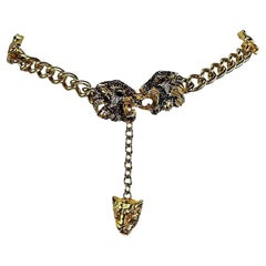 F/W 1992 Gianni Versace Gold Tone Metal Rhinestone Jaguar Motif Chain Belt