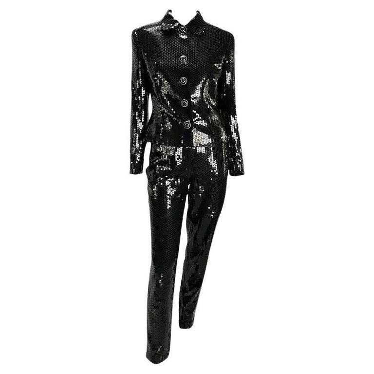 F/W 1995 Gianni Versace Couture Black Sequin Medusa Button Pant 