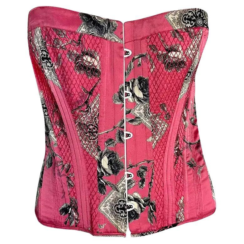 2004 Roberto Cavalli – Rosa, mit Blumenmuster, gestepptes Seiden-Korsett-Bustier-Top mit Schnürung, Größe M im Angebot