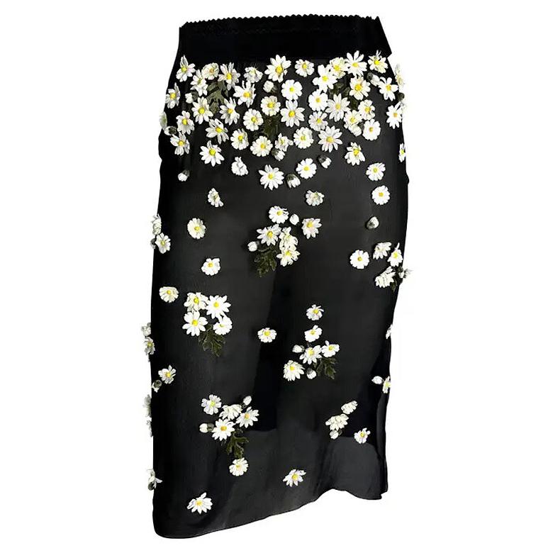 F/W 1999 Dolce & Gabbana Runway Daisy Flower Appliqué Sheer Black Slit Skirt