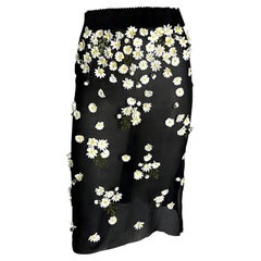 F/W 1999 Dolce & Gabbana Runway Daisy Flower Appliqué Sheer Black Slit Skirt