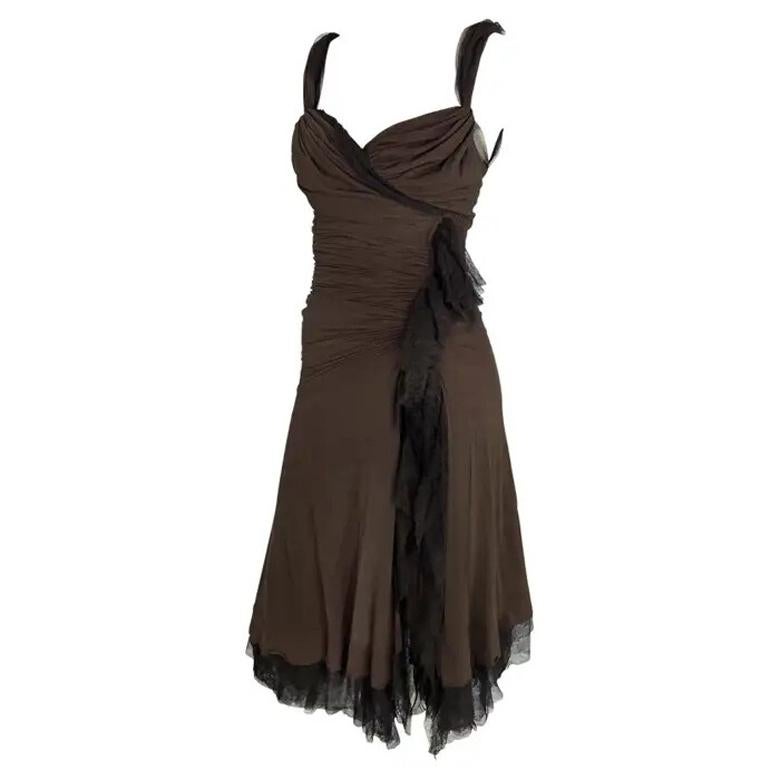 F/W 2004 Donna Karan Runway Brown Slinky Mesh High Slit Bodycon Dress